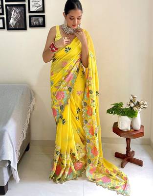 Yellow embellished sequinned  georgette saree 3