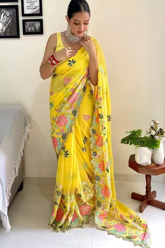 Yellow embellished sequinned  georgette saree