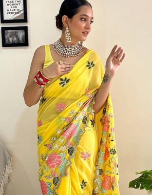 Yellow embellished sequinned  georgette saree 4