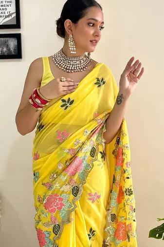Yellow embellished sequinned  georgette saree