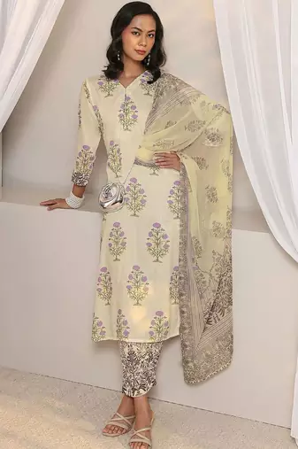 off white floral printed chanderi silk straight suit set with dupatta