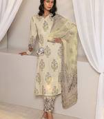 off white floral printed chanderi silk straight suit set with dupatta