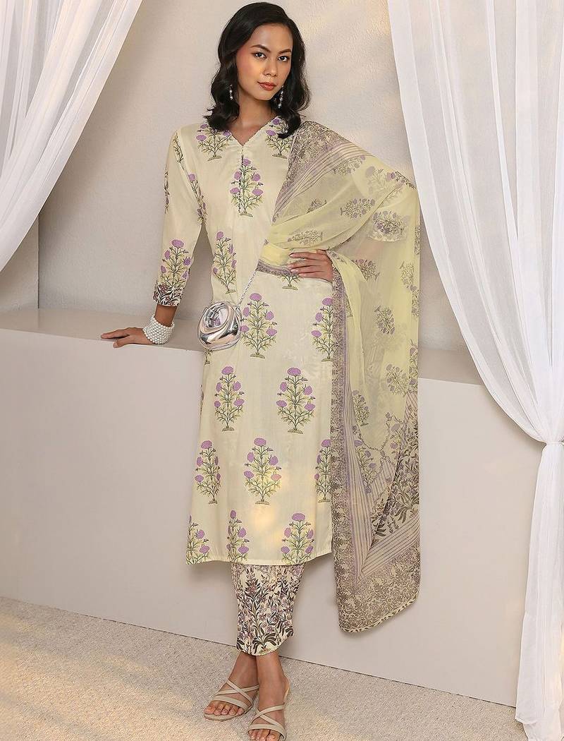 off white floral printed chanderi silk straight suit set with dupatta
