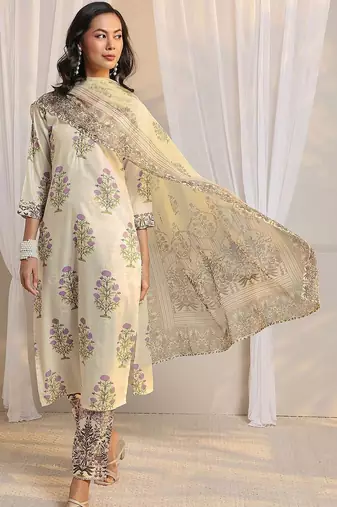off white floral printed chanderi silk straight suit set with dupatta