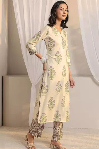 off white floral printed chanderi silk straight suit set with dupatta