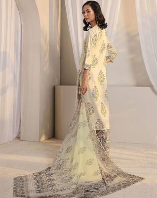 off white floral printed chanderi silk straight suit set with dupatta 4