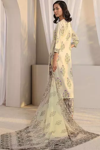 off white floral printed chanderi silk straight suit set with dupatta