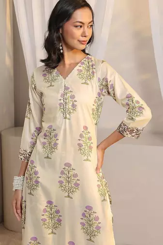 off white floral printed chanderi silk straight suit set with dupatta