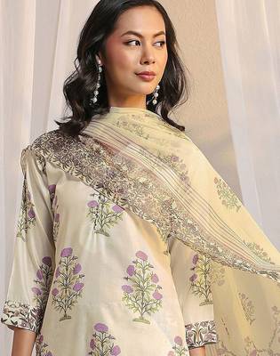 off white floral printed chanderi silk straight suit set with dupatta 6