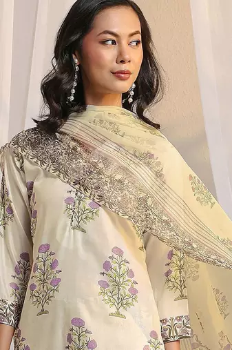 off white floral printed chanderi silk straight suit set with dupatta