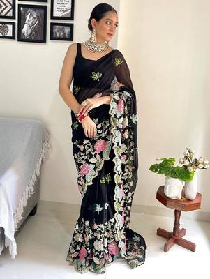 Black embellished sequinned  georgette saree 1