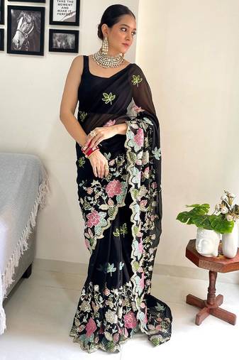 Black embellished sequinned  georgette saree