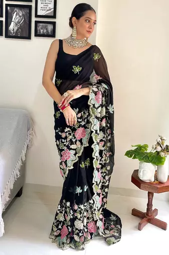 Black embellished sequinned  georgette saree
