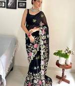 Black embellished sequinned  georgette saree
