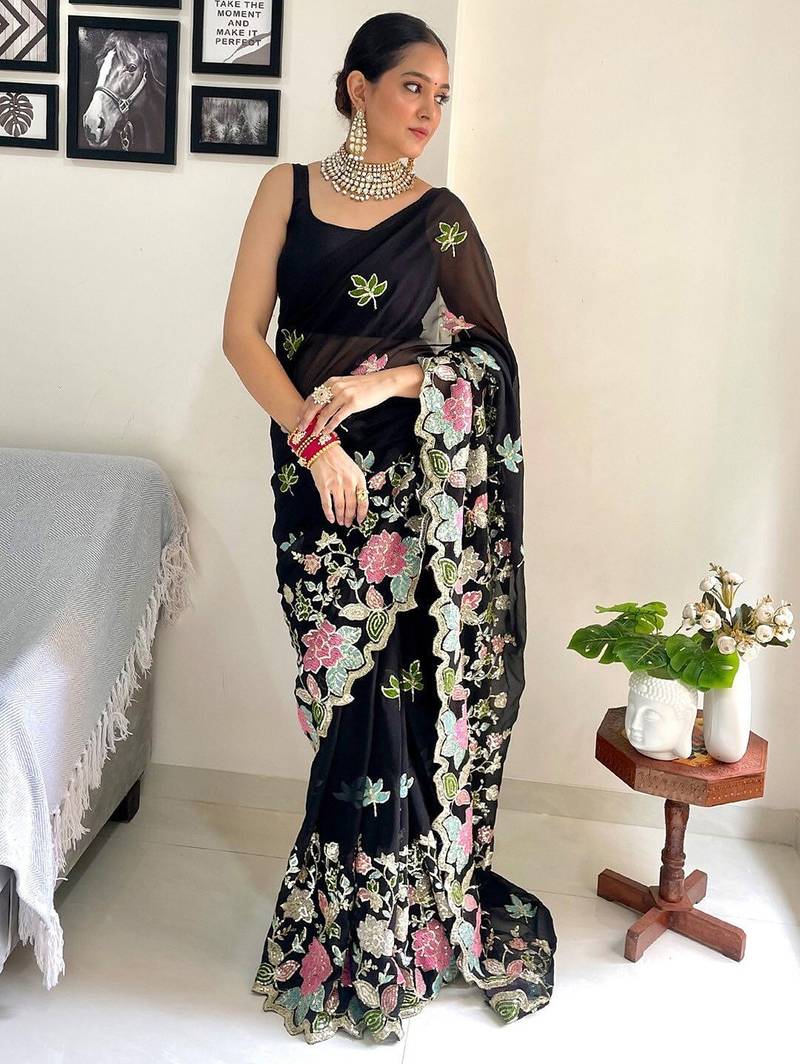 Black embellished sequinned  georgette saree