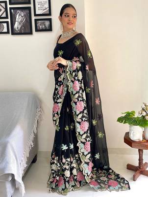 Black embellished sequinned  georgette saree 2