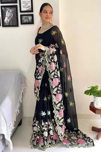 Black embellished sequinned  georgette saree