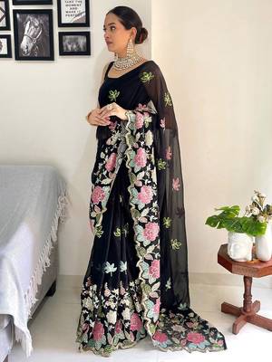 Black embellished sequinned  georgette saree 3