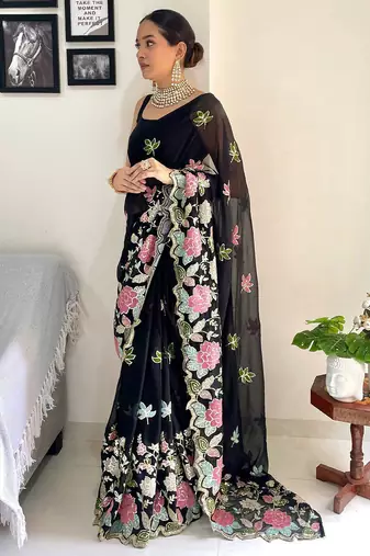 Black embellished sequinned  georgette saree