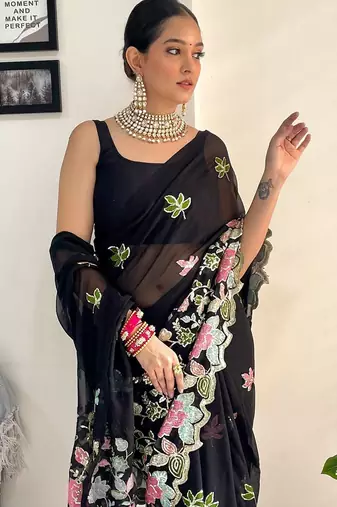 Black embellished sequinned  georgette saree