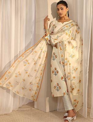 off white floral printed chanderi silk straight suit set with dupatta 1