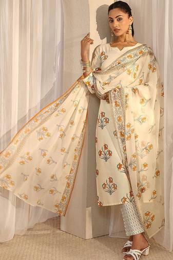 off white floral printed chanderi silk straight suit set with dupatta