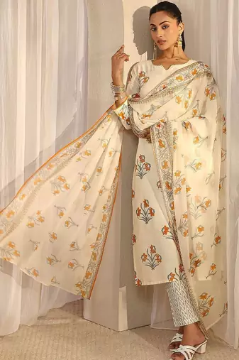 off white floral printed chanderi silk straight suit set with dupatta