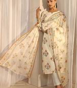 off white floral printed chanderi silk straight suit set with dupatta