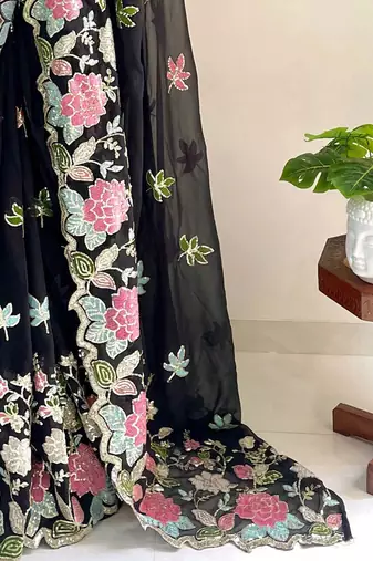 Black embellished sequinned  georgette saree