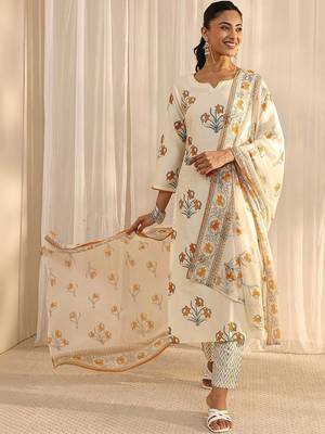 off white floral printed chanderi silk straight suit set with dupatta 2