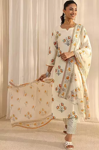 off white floral printed chanderi silk straight suit set with dupatta