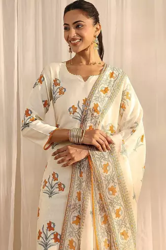 off white floral printed chanderi silk straight suit set with dupatta