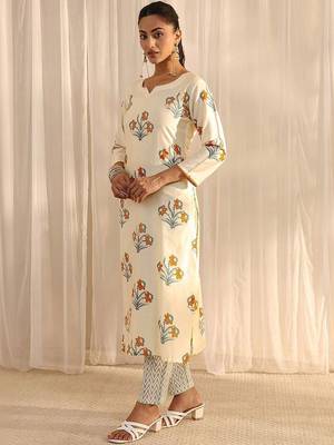 off white floral printed chanderi silk straight suit set with dupatta 4