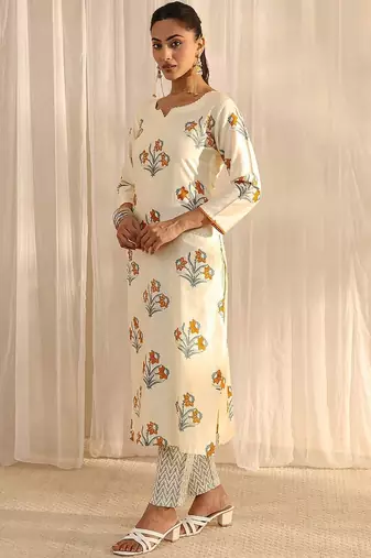 off white floral printed chanderi silk straight suit set with dupatta