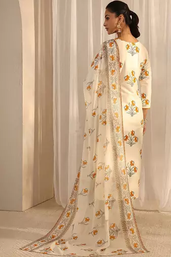 off white floral printed chanderi silk straight suit set with dupatta