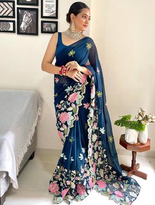 Teal floral embellished  georgette saree 1