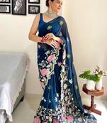 Teal floral embellished  georgette saree