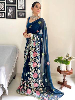 Teal floral embellished  georgette saree 2