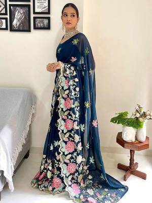 Teal floral embellished  georgette saree 3