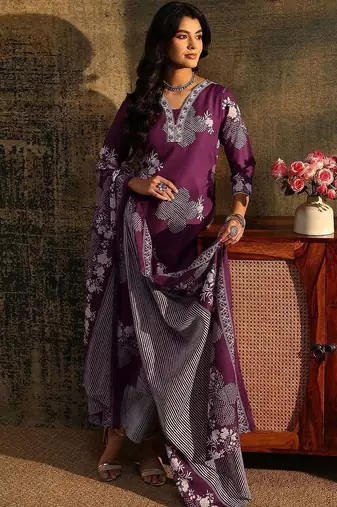 burgundy bandhani cotton blend straight suit set