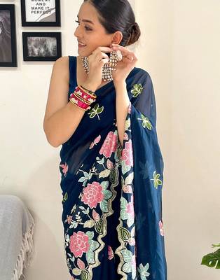 Teal floral embellished  georgette saree 4