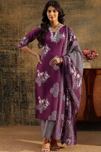 burgundy bandhani cotton blend straight suit set