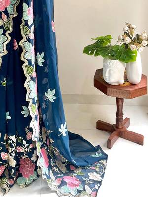 Teal floral embellished  georgette saree 5