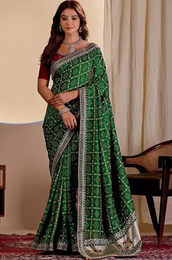 Green embroidered silk blend designer saree