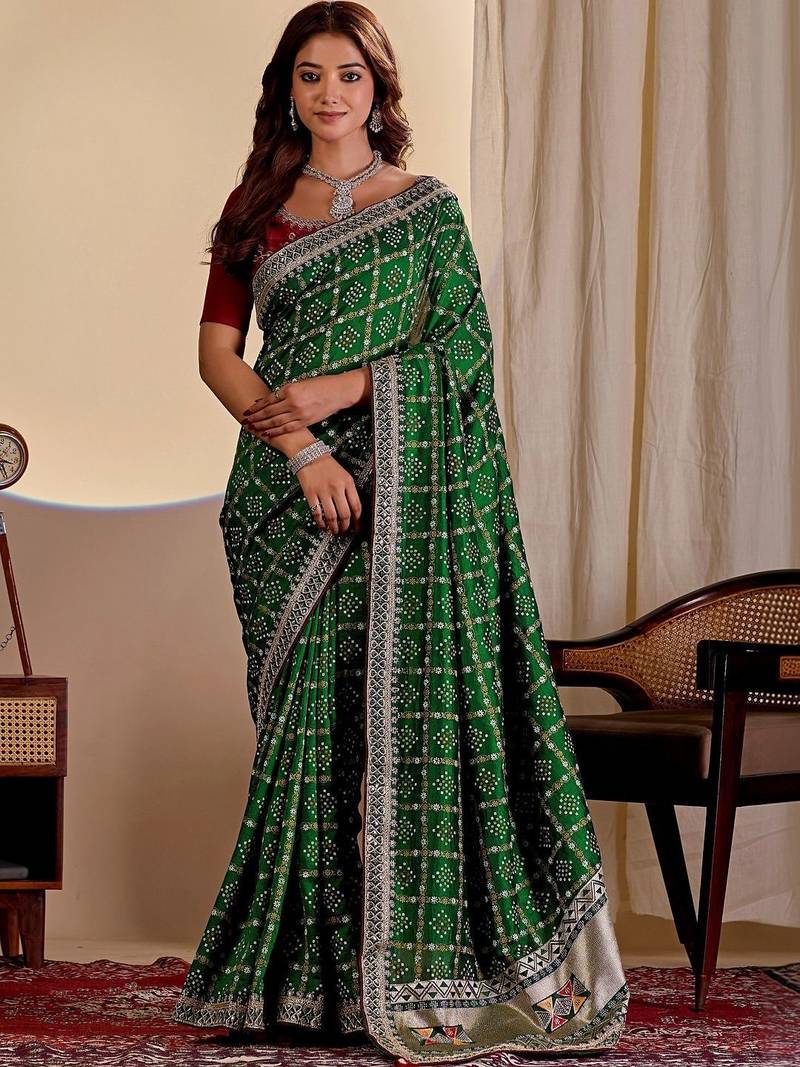 Green embroidered silk blend designer saree