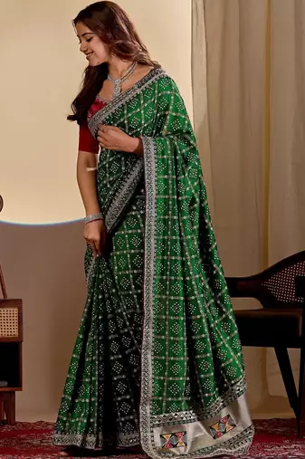 Green embroidered silk blend designer saree