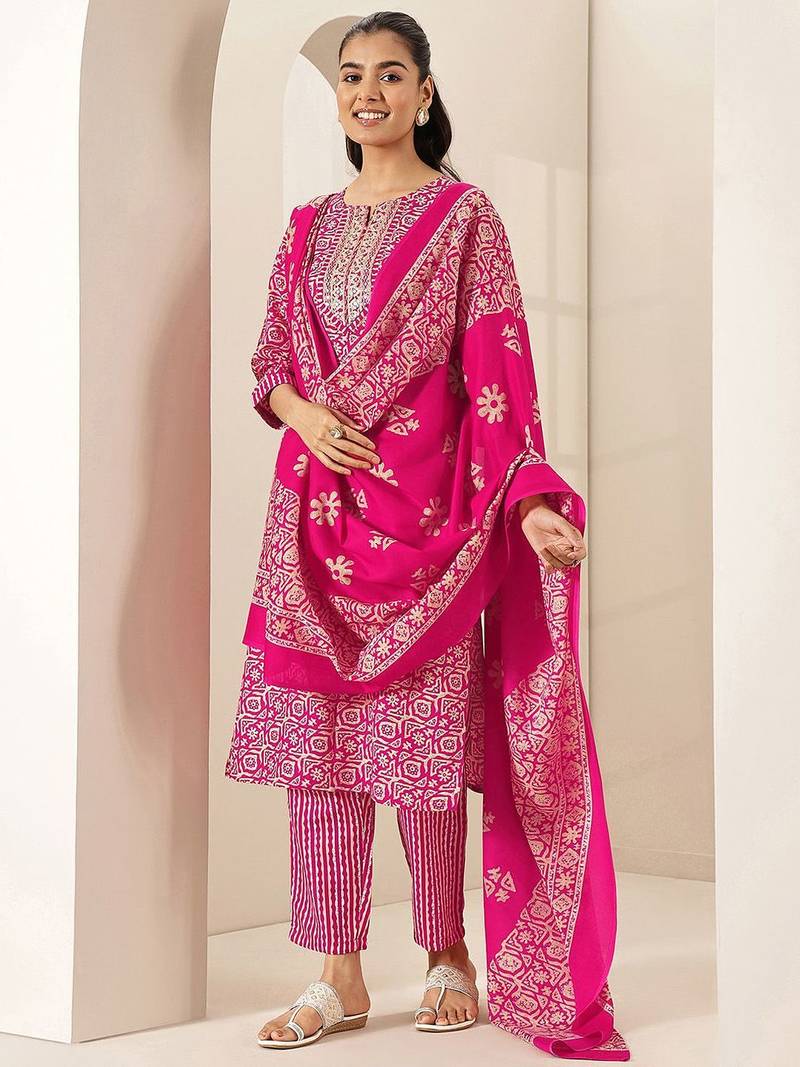 women ethnic motifs printed regular mirror work kurta & trousers with dupatta