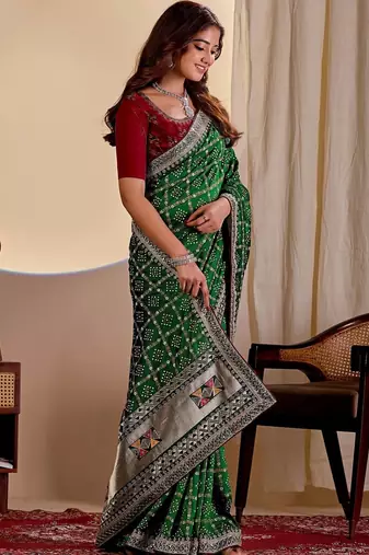 Green embroidered silk blend designer saree