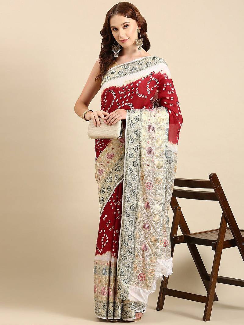 Maroon woven design zari art silk bandhani saree with blouse piece