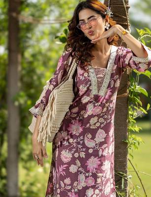floral printed v-neck kurta with trouser 2